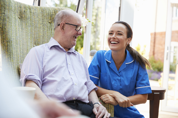 Assisted living advisor taking care of senior.